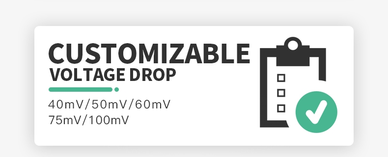 The image outlines the options for customizable voltage drop specifications for DC current shunts, with available voltage drop values like 40mV, 50mV, 60mV, 75mV, and 100mV, allowing for versatile application use according to varied electrical system requirements.