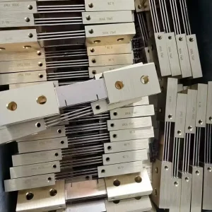 Close-up of Semi-finished 300A 75mV DC Shunt Resistors with Laser Engraved 0.5% Accuracy Rating