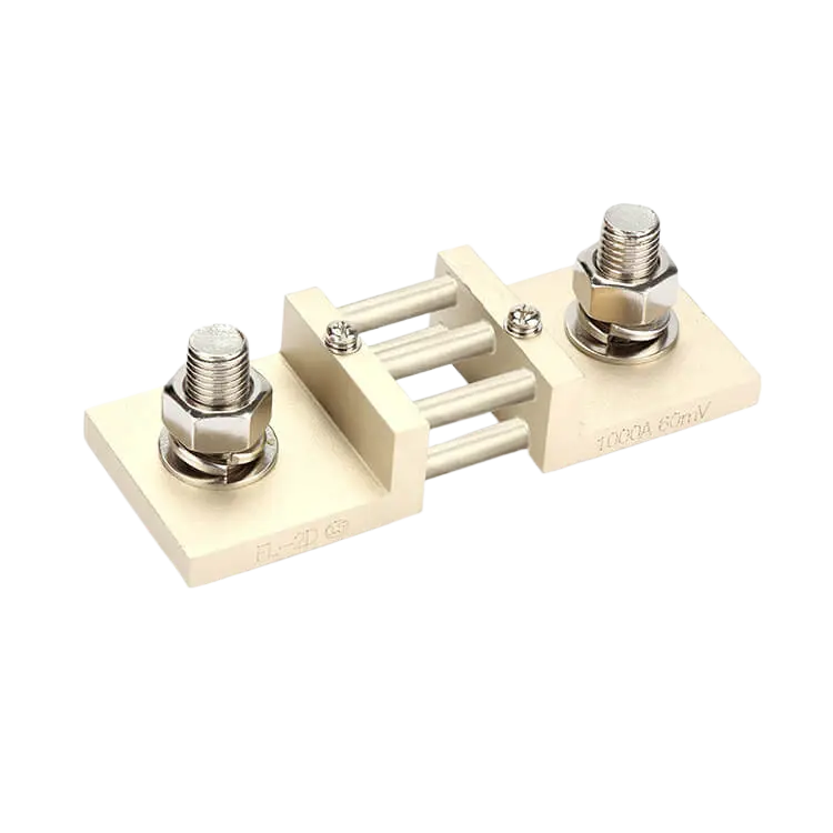 High-precision DC shunt resistor featuring robust metal terminals and a sturdy mounting base.
