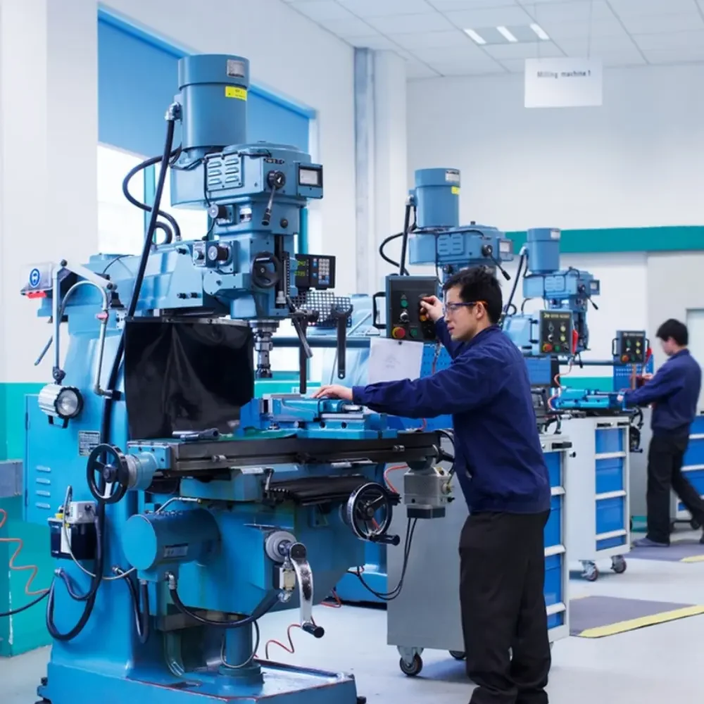 The image captures a moment in the manufacturing process of DC current shunts. It features technicians attentively operating milling machines in an industrial setting, emphasizing the precision engineering involved in producing these electrical components. The workshop is equipped with advanced machinery and monitoring equipment, illustrating a commitment to quality and accuracy in the production line.