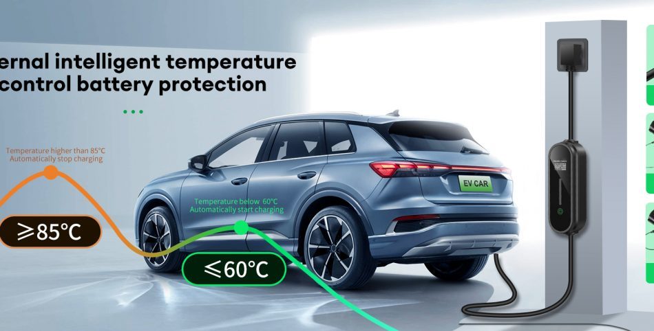 The first image showcases an electric vehicle (EV) connected to a charging station, with a focus on internal intelligent temperature control for battery protection. It highlights the system's capability to automatically stop charging when the battery temperature exceeds 85°C and to initiate charging when the temperature falls below 60°C, ensuring the EV's battery is operated within safe temperature ranges.